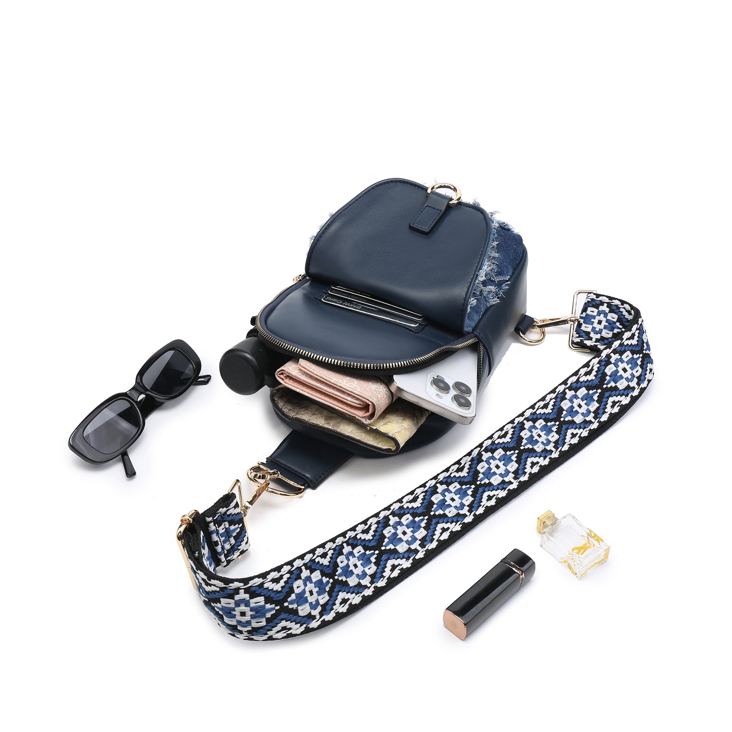 Small Crossbody Sling bag for Women Trendy Denim Jean Fanny Packs Leather Chest Bag with Detachable Strap