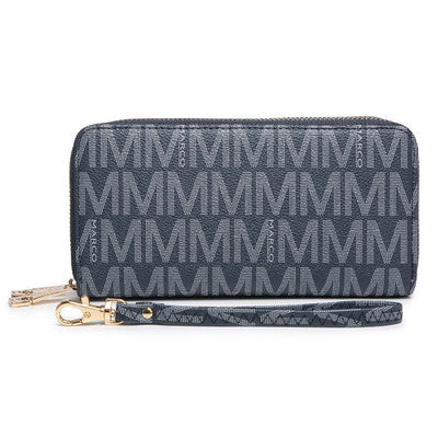 MKP COLLECTION Womens Fashion Double Zip Around Wallet Jean Denim Long Purse Credit Card Holder Bifold Ladies Cluth Wristlet Wrist Strap