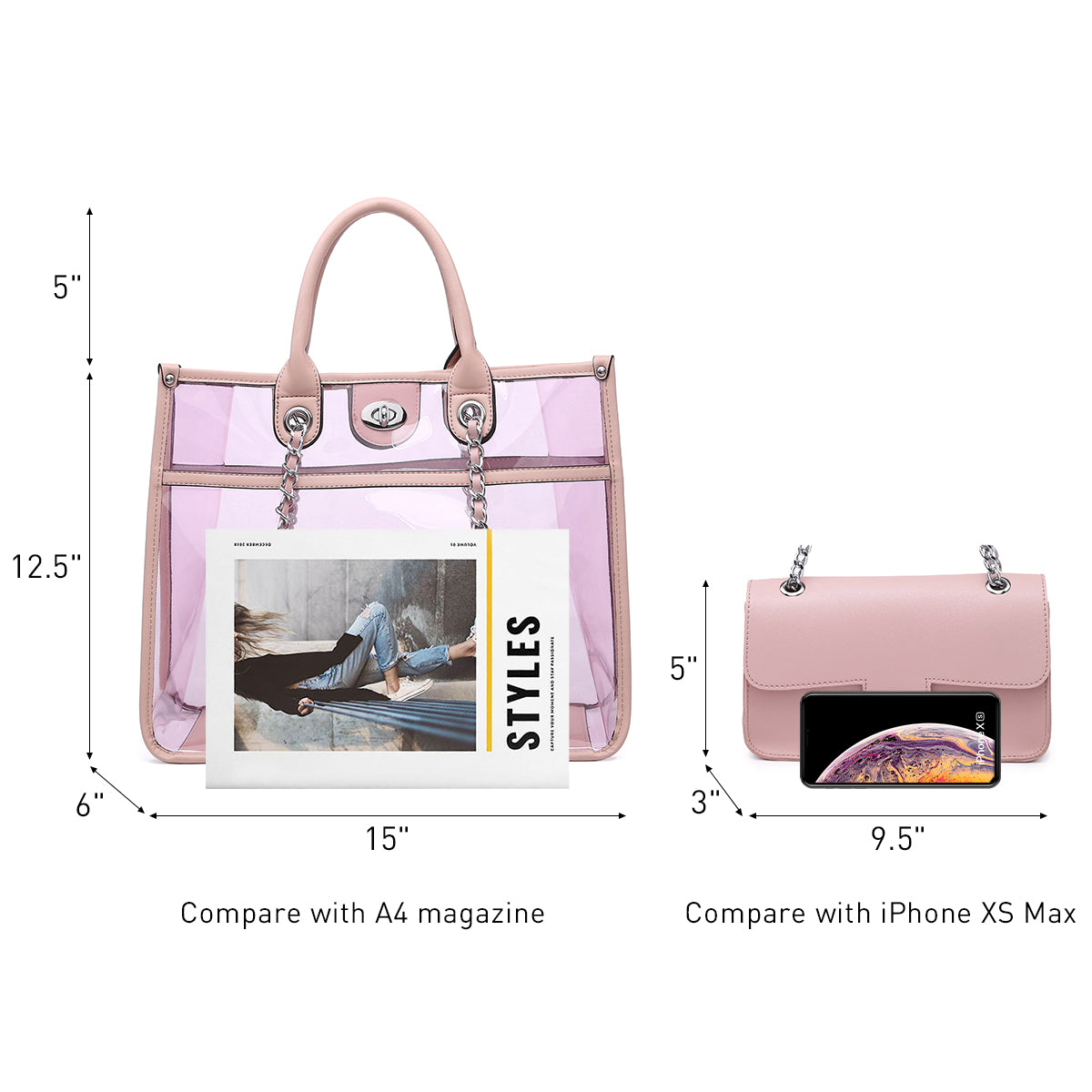 MKP Large Clear Tote Bag Top handle Bag for Women Handbag Messenger Crossbody Purse With Turn Lock Closure (2 Sets)