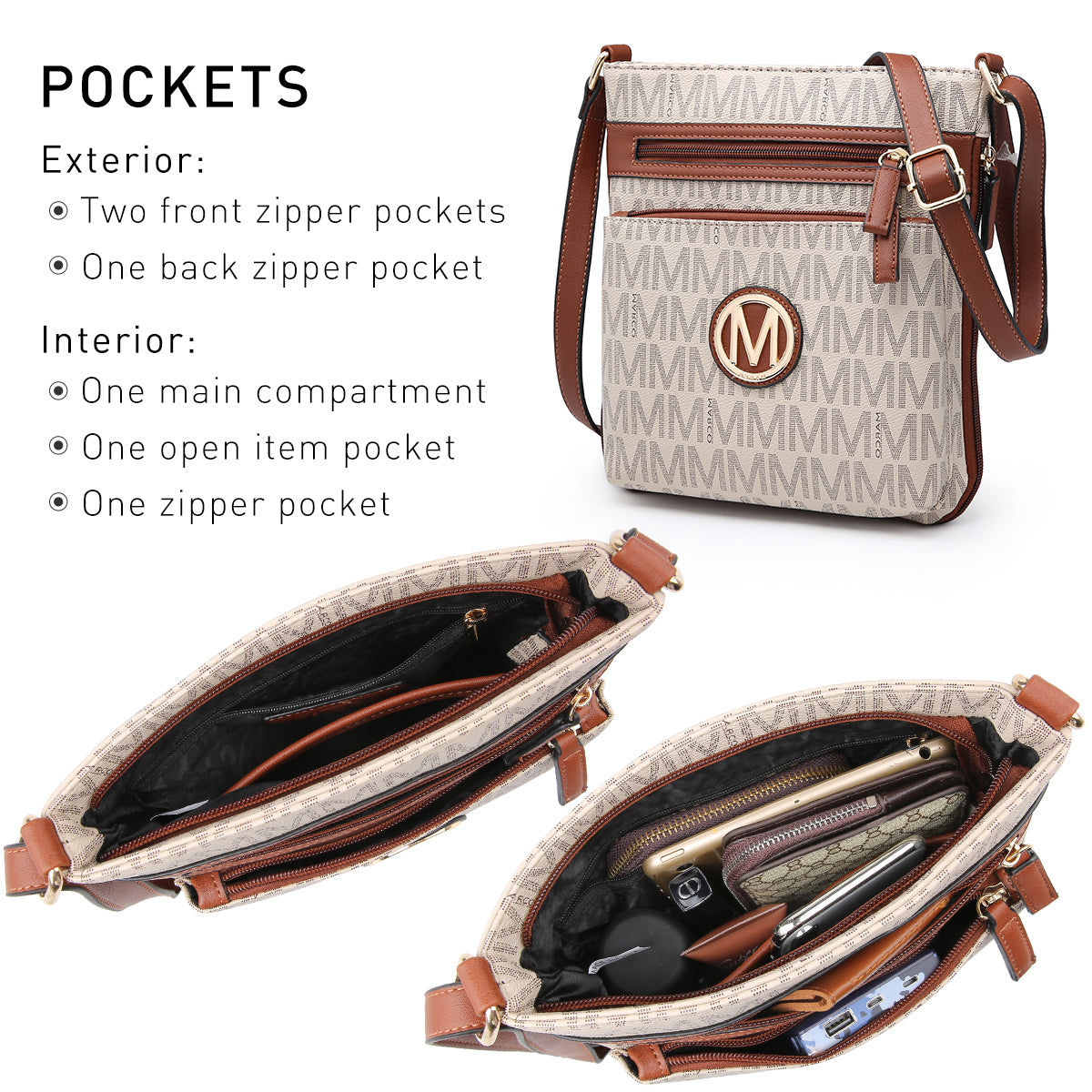 MKP Crossbody Purse for Women Multi Pockets Crossover Bag Zipped Shoulder Handbags Adjustable Strap