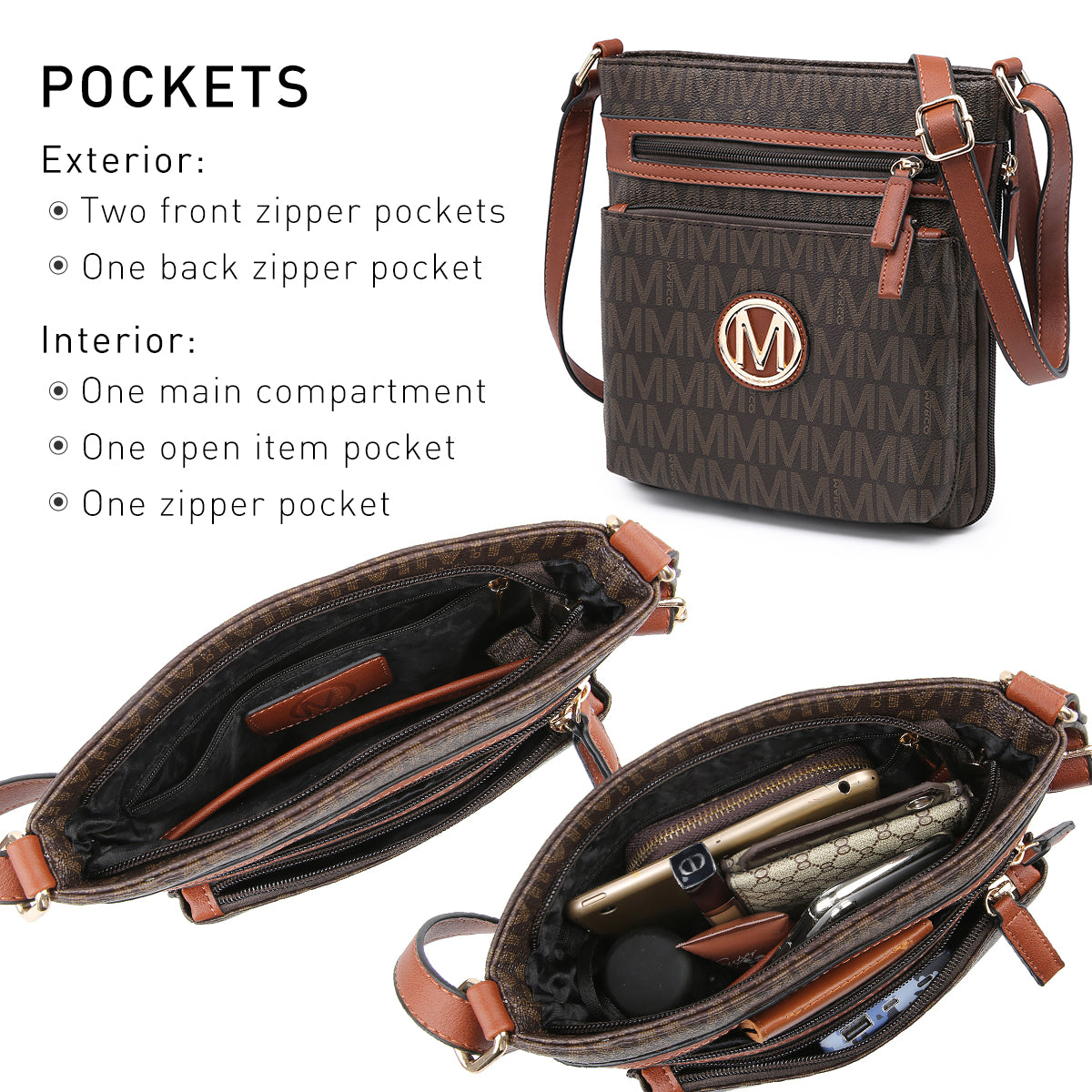 MKP Crossbody Purse for Women Multi Pockets Crossover Bag Zipped Shoulder Handbags Adjustable Strap