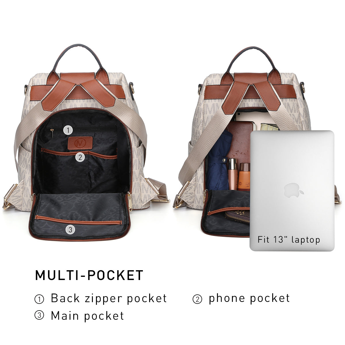 MKP Women Fashion Backpack Purse Multi Pockets Signature Anti-Theft Rucksack Travel School Shoulder Bag Handbag Wristlet